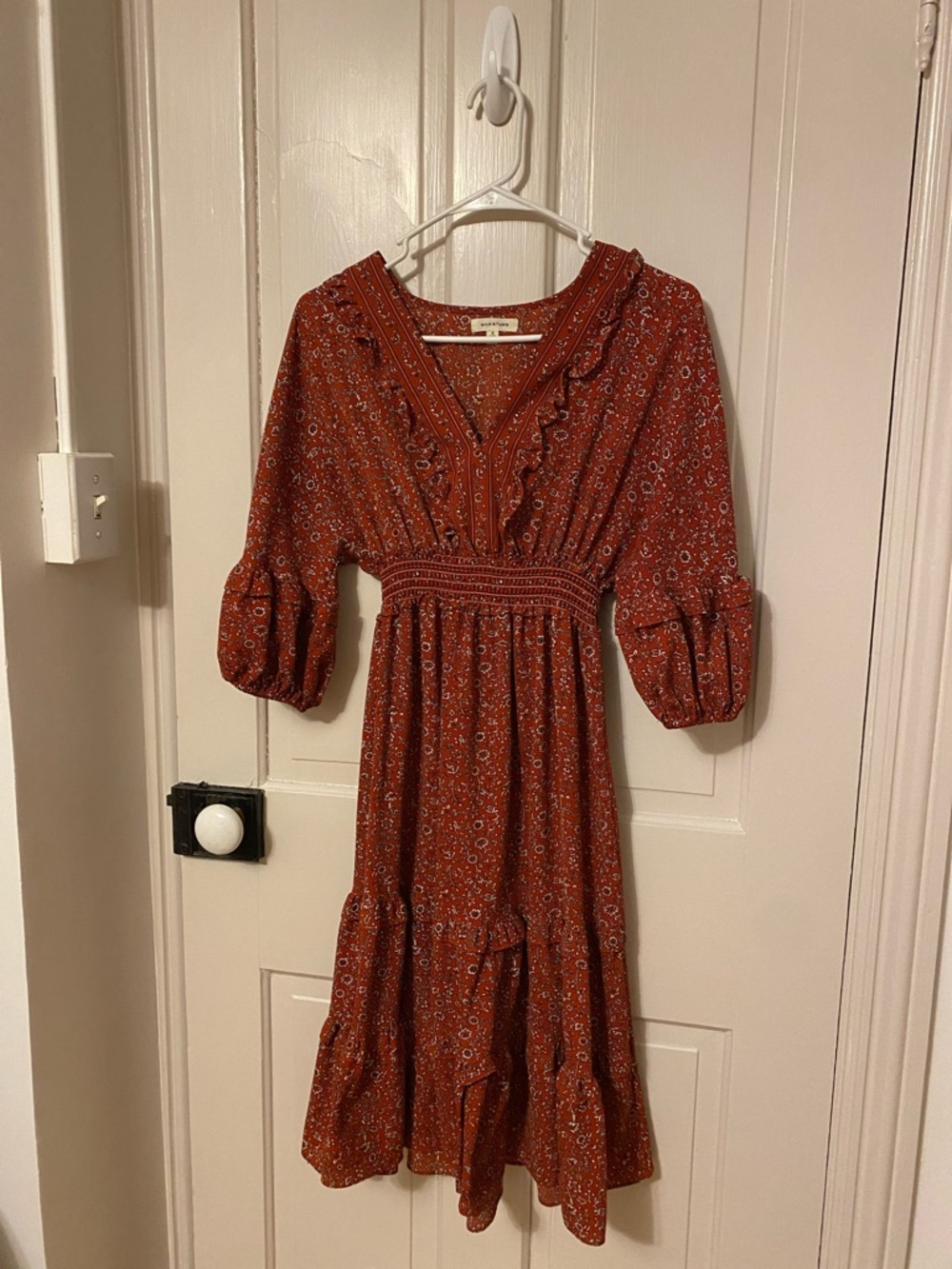 Max Studio Rust Floral V-Neck Smocked Midi Dress